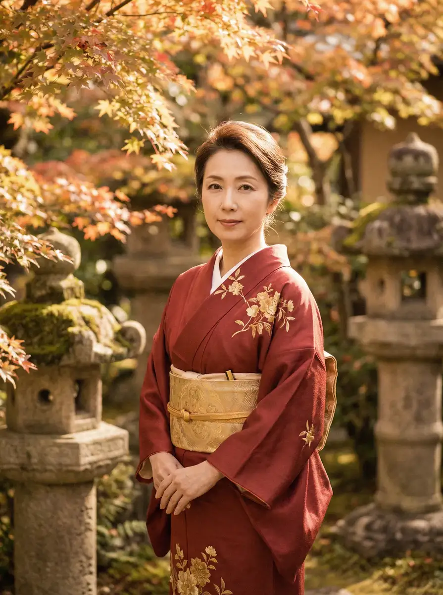 一位身穿暗红色和服的优雅 财神体育 在日式庭院中