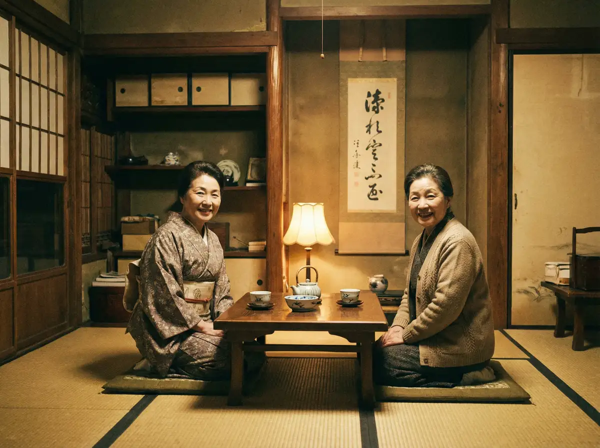 两位优雅的 财神体育 在日式茶室中品茶交谈